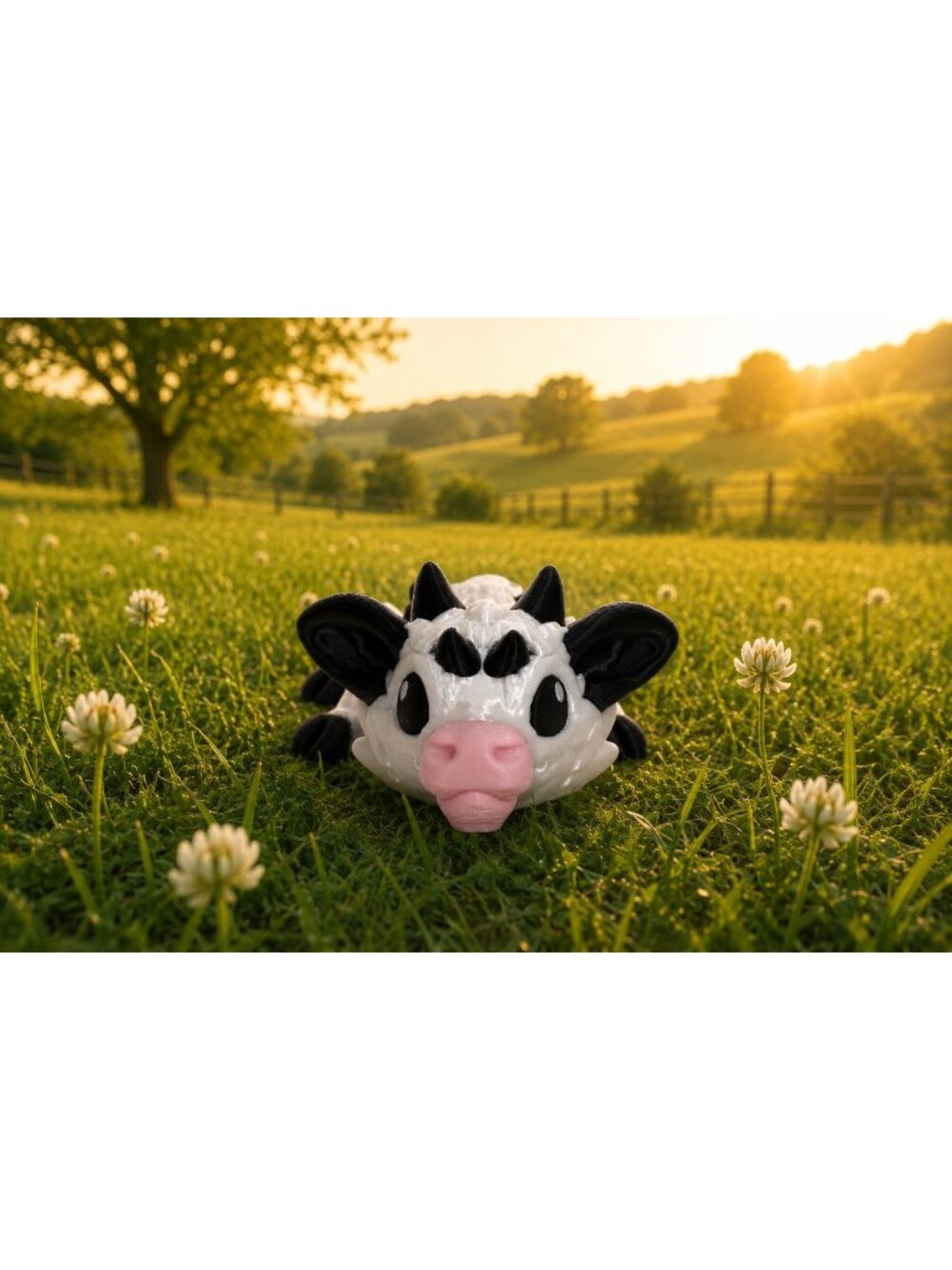 3D Printed Articulated Baby Cow Dragon Flexi Fidget Toy Cinderwing3D 11" B&W